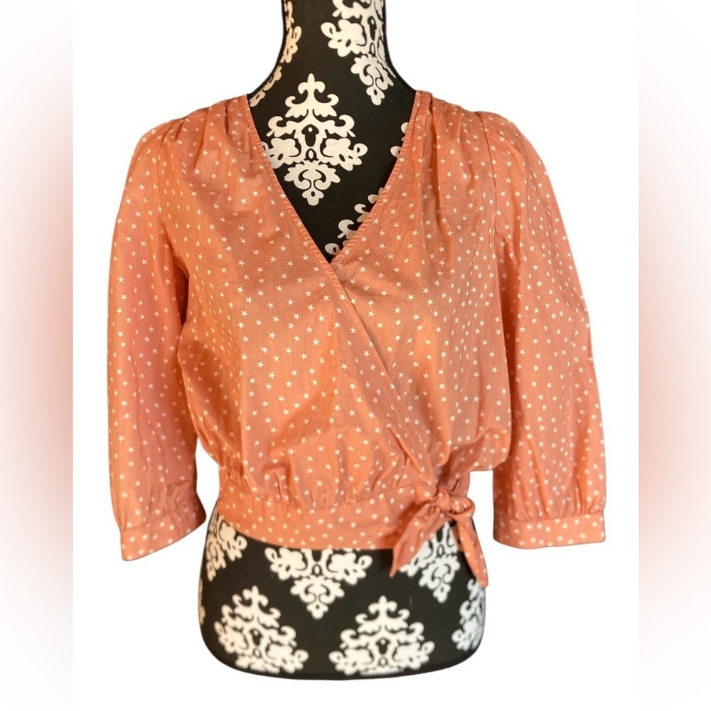 Madewell Wrap Top – Pink Star Scatter – Puff Sleeve‎ V-Neck – Size Small NWOT - Picture 2 of 11